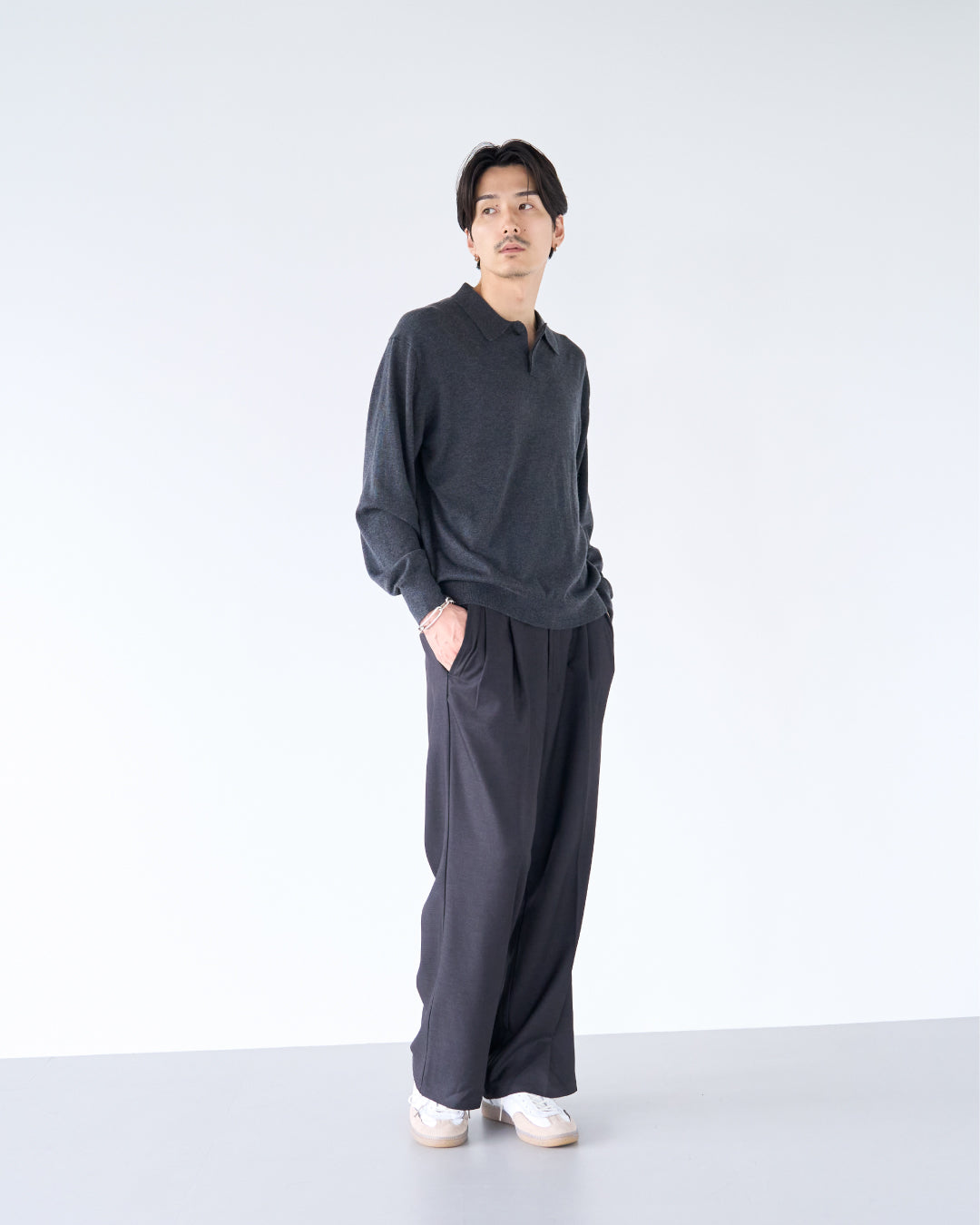 Wool Mixed L/S Knit Polo -dark gray-