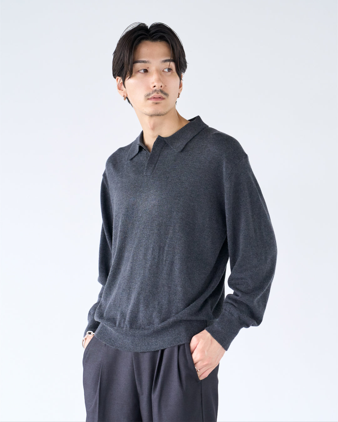 Wool Mixed L/S Knit Polo -dark gray-