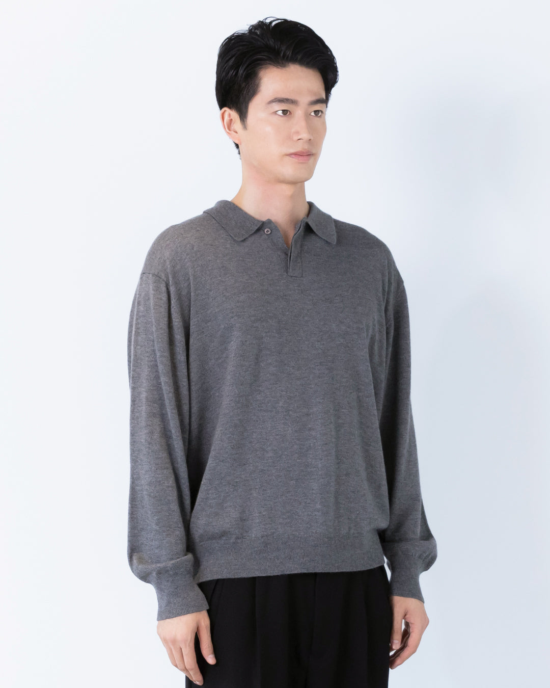 Wool Mixed L/S Knit Polo -gray-