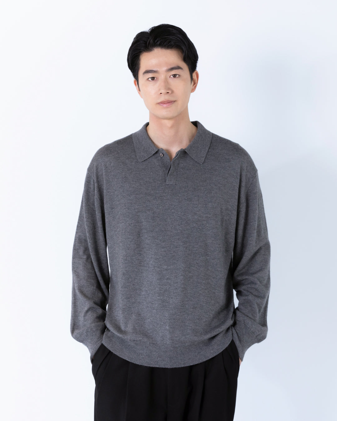 Wool Mixed L/S Knit Polo -gray-