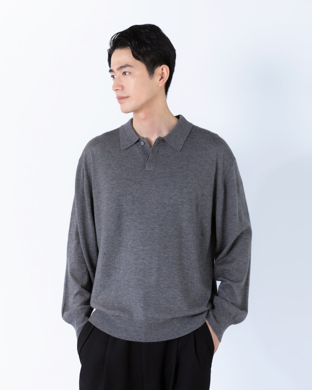 Wool Mixed L/S Knit Polo -gray-