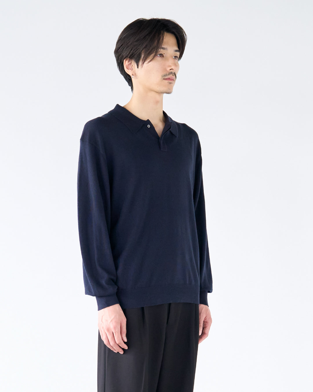 Wool Mixed L/S Knit Polo -navy-