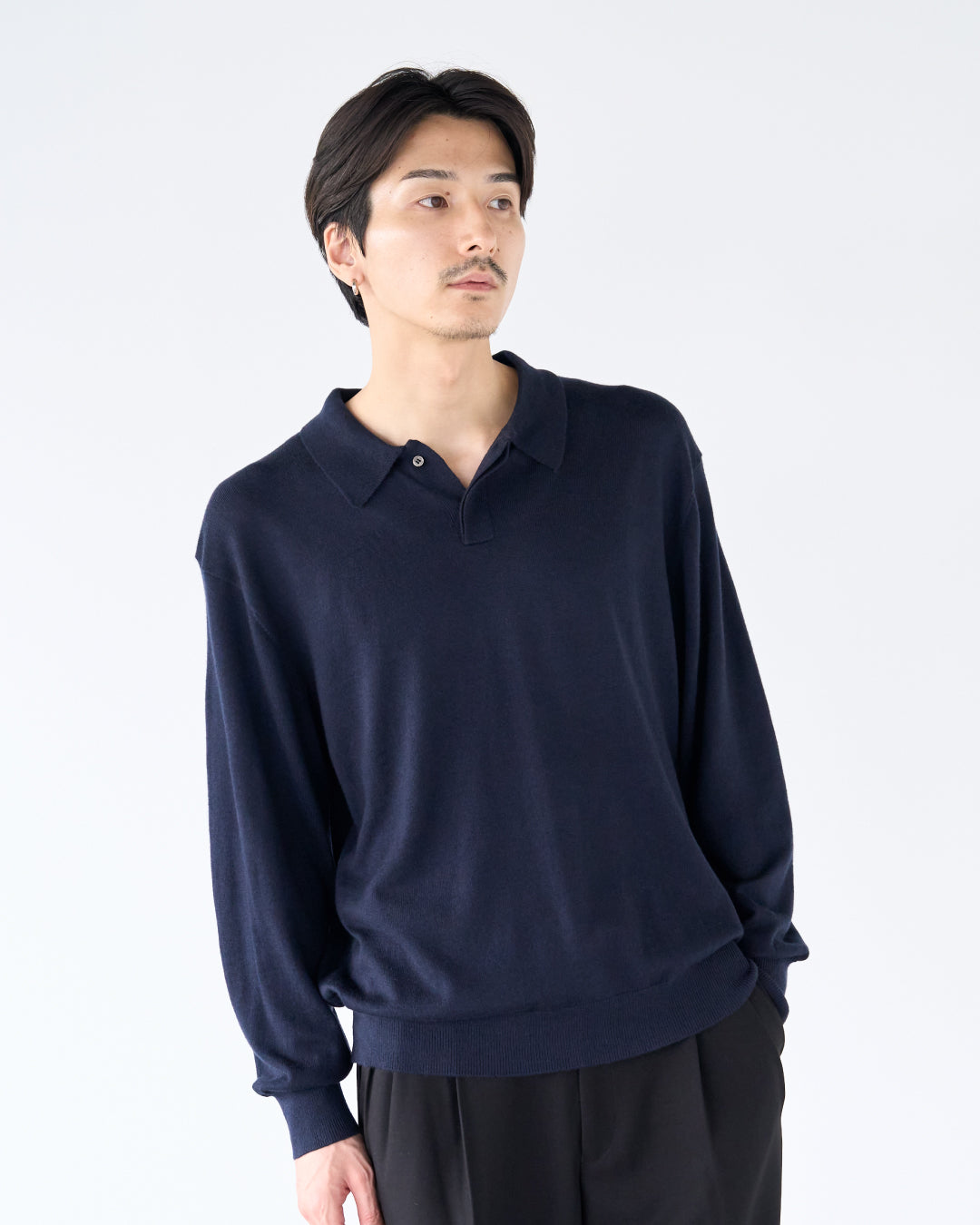 Wool Mixed L/S Knit Polo -navy-