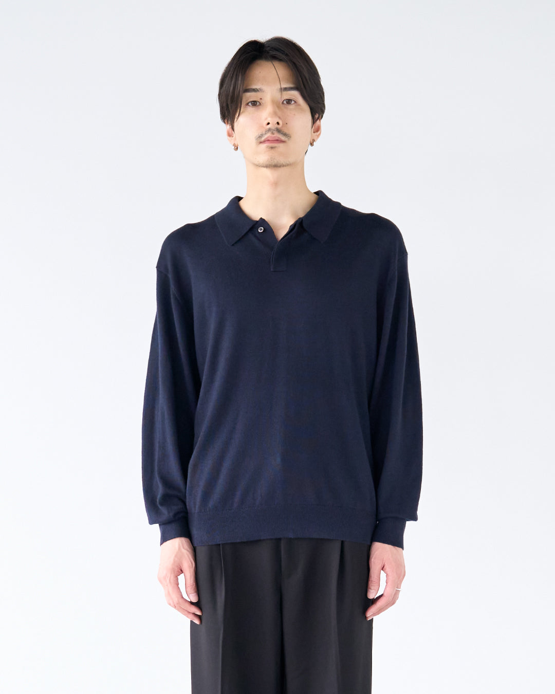 Wool Mixed L/S Knit Polo -navy-