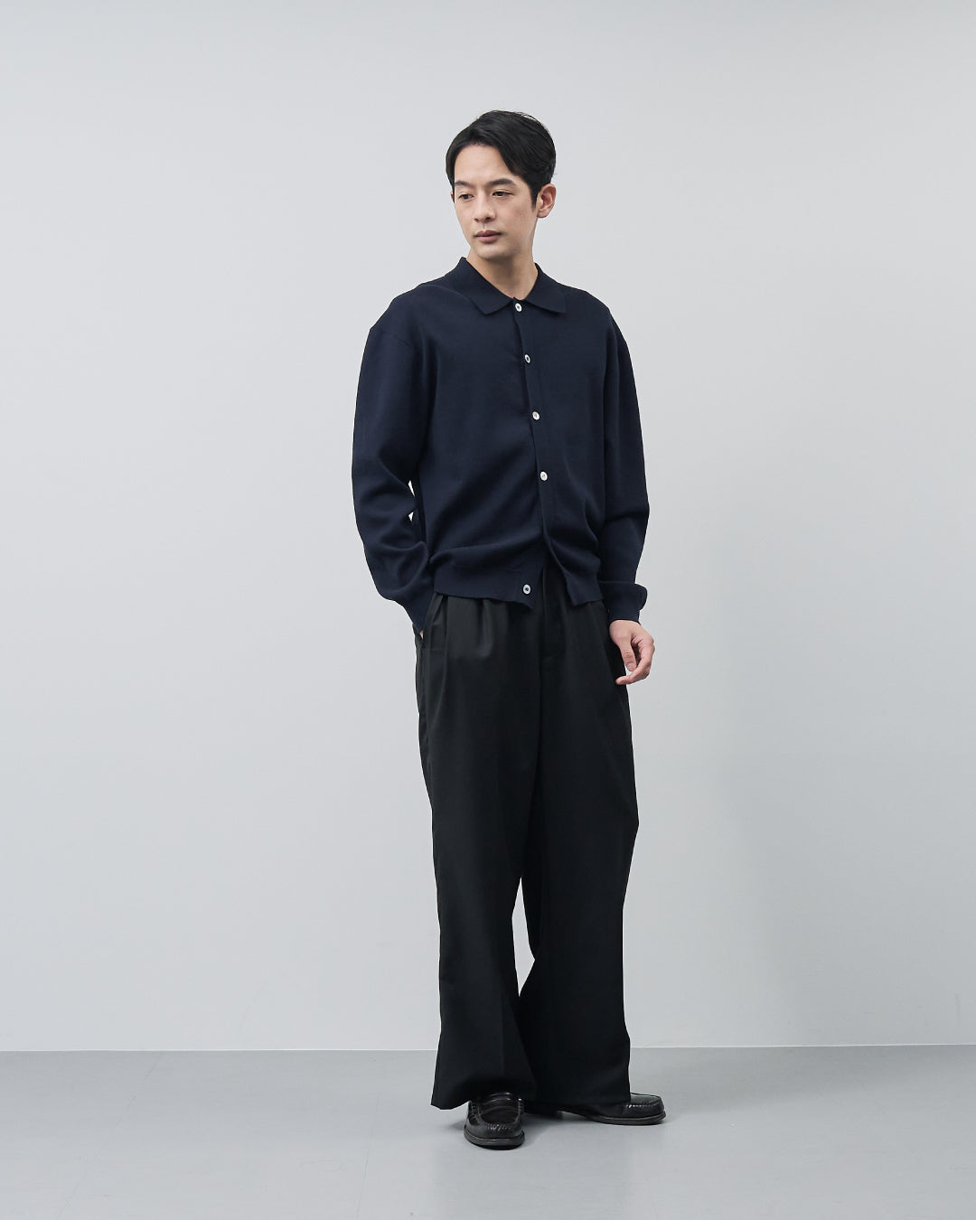 High Twist Cotton×Nylon Collared Knit Cardigan -navy-