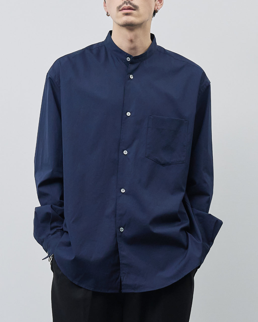 Relaxed Fit Band Collar L/S Shirt -navy-