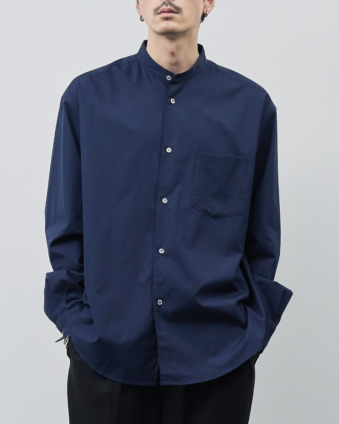 Relaxed Fit Band Collar L/S Shirt -navy-