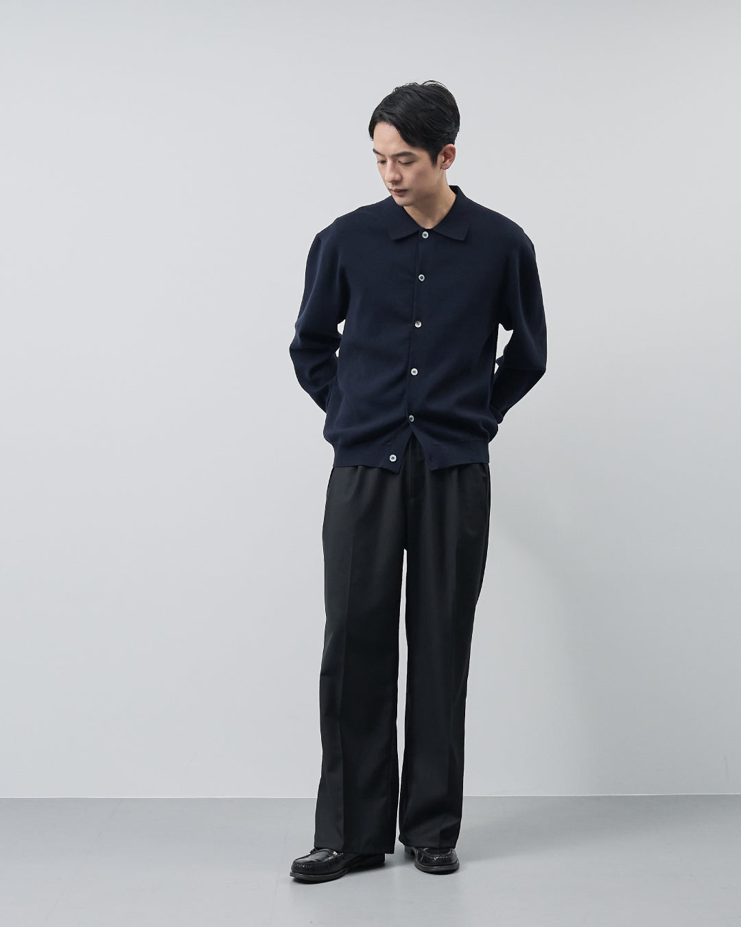 High Twist Cotton×Nylon Collared Knit Cardigan -navy-