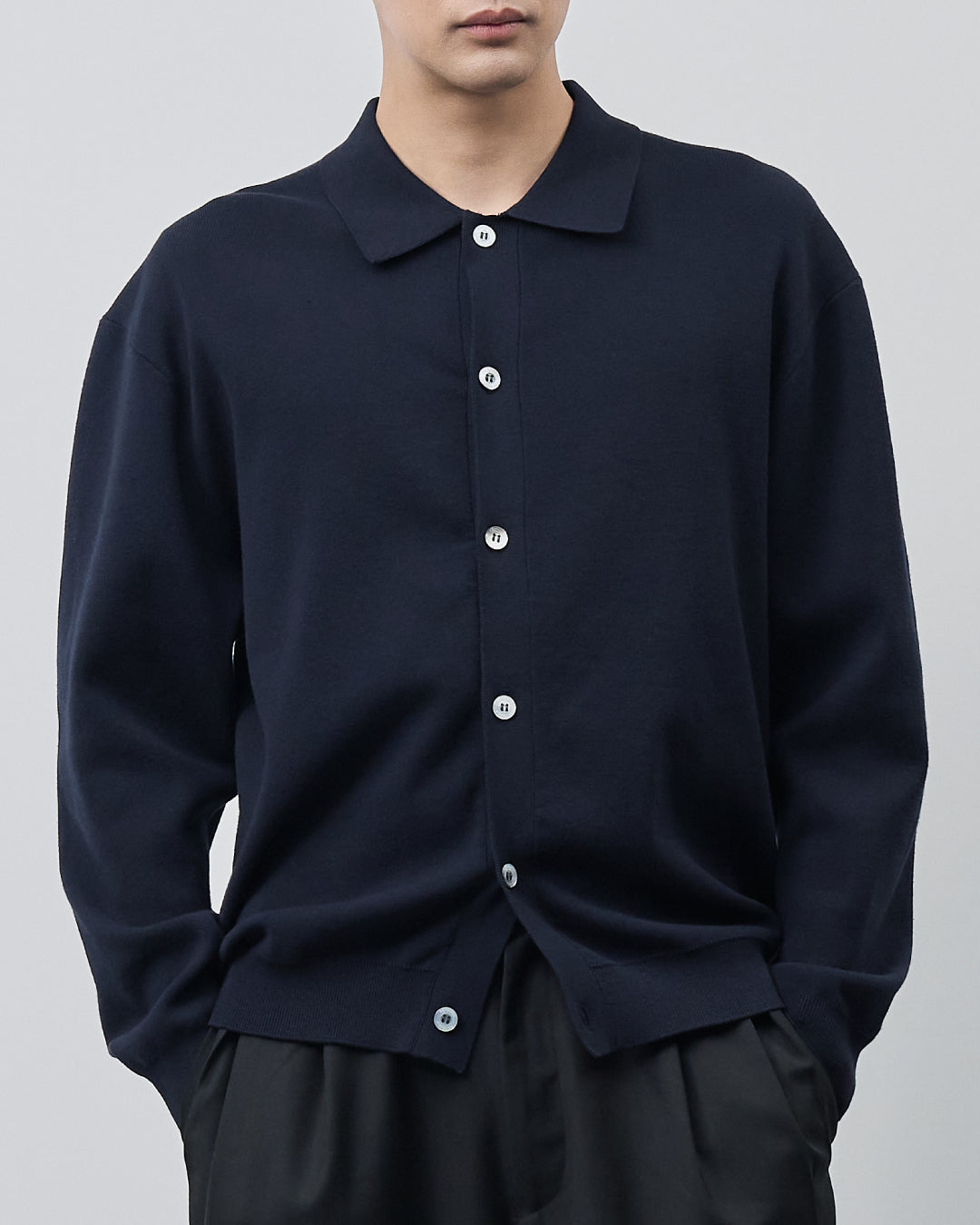 High Twist Cotton×Nylon Collared Knit Cardigan -black-