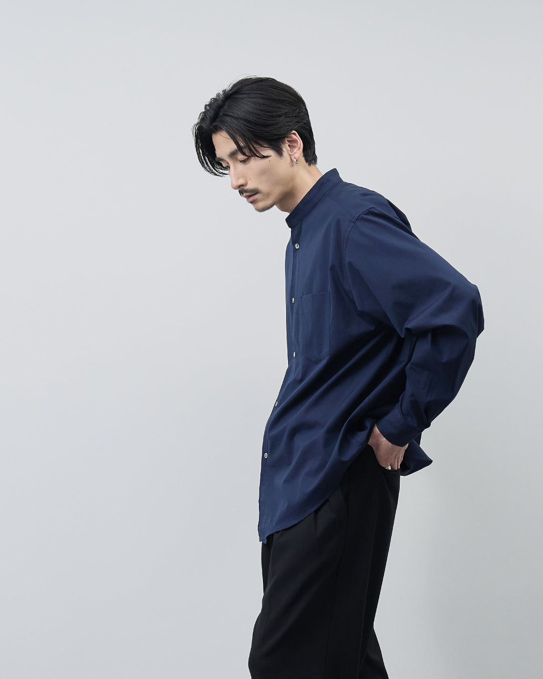 Relaxed Fit Band Collar L/S Shirt -navy-