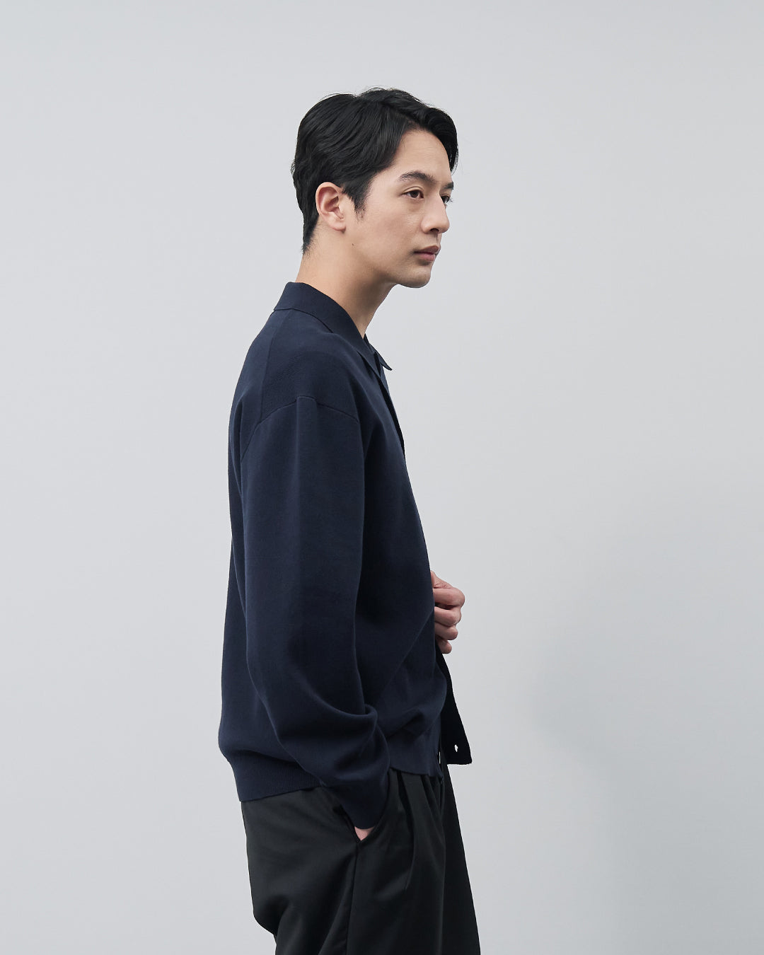 High Twist Cotton×Nylon Collared Knit Cardigan -navy-