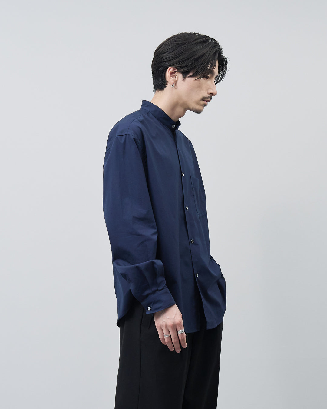 Relaxed Fit Band Collar L/S Shirt -navy-