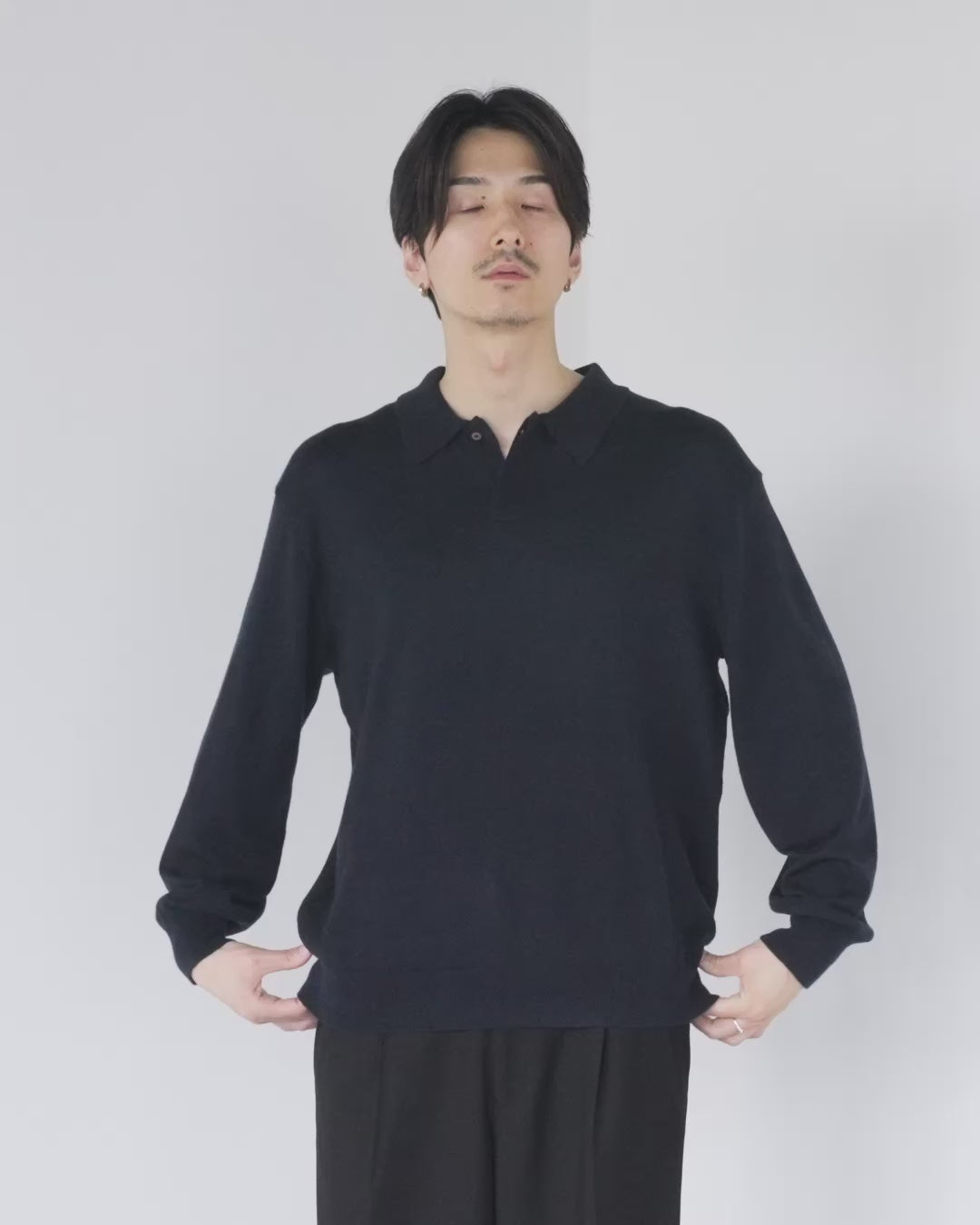 Wool Mixed L/S Knit Polo -navy-