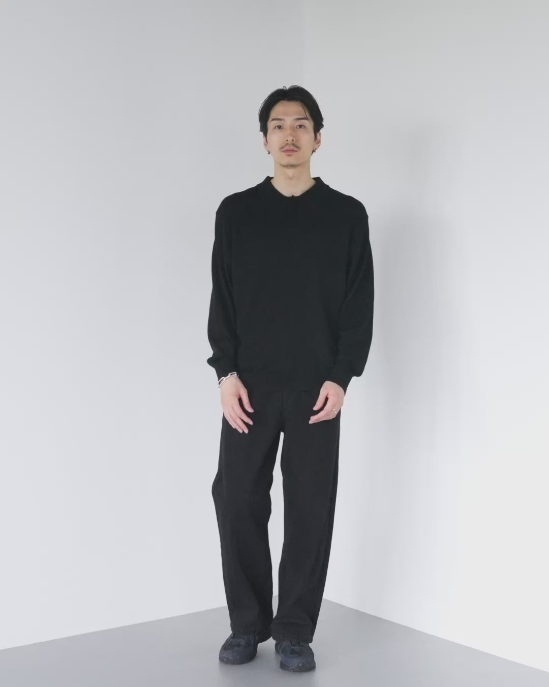 Wool Mixed L/S Knit Polo -black-