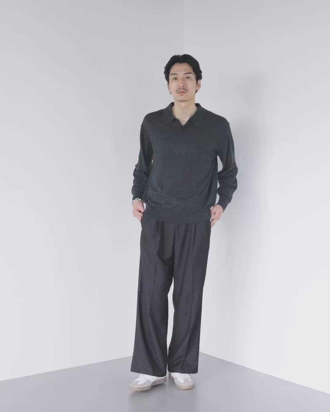 Wool Mixed L/S Knit Polo -dark gray-