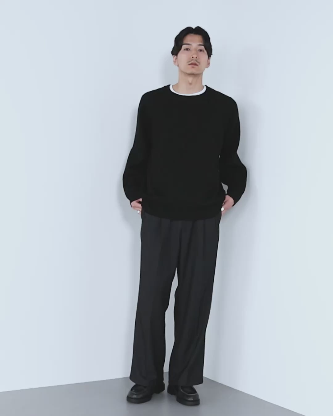 Wool Mixed Crewneck Knit -black-