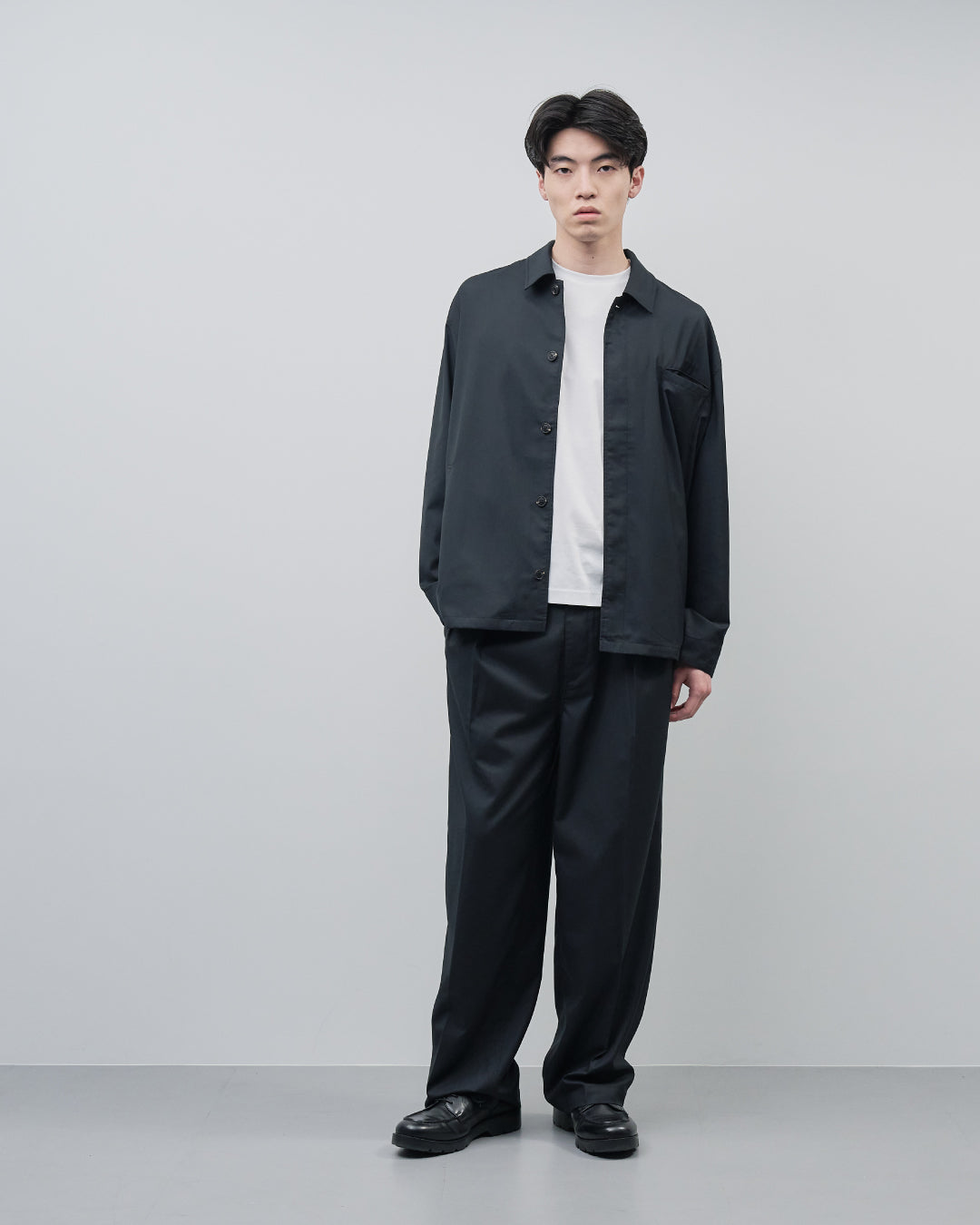Open Collar Hidden Front Shirt Jacket -black-