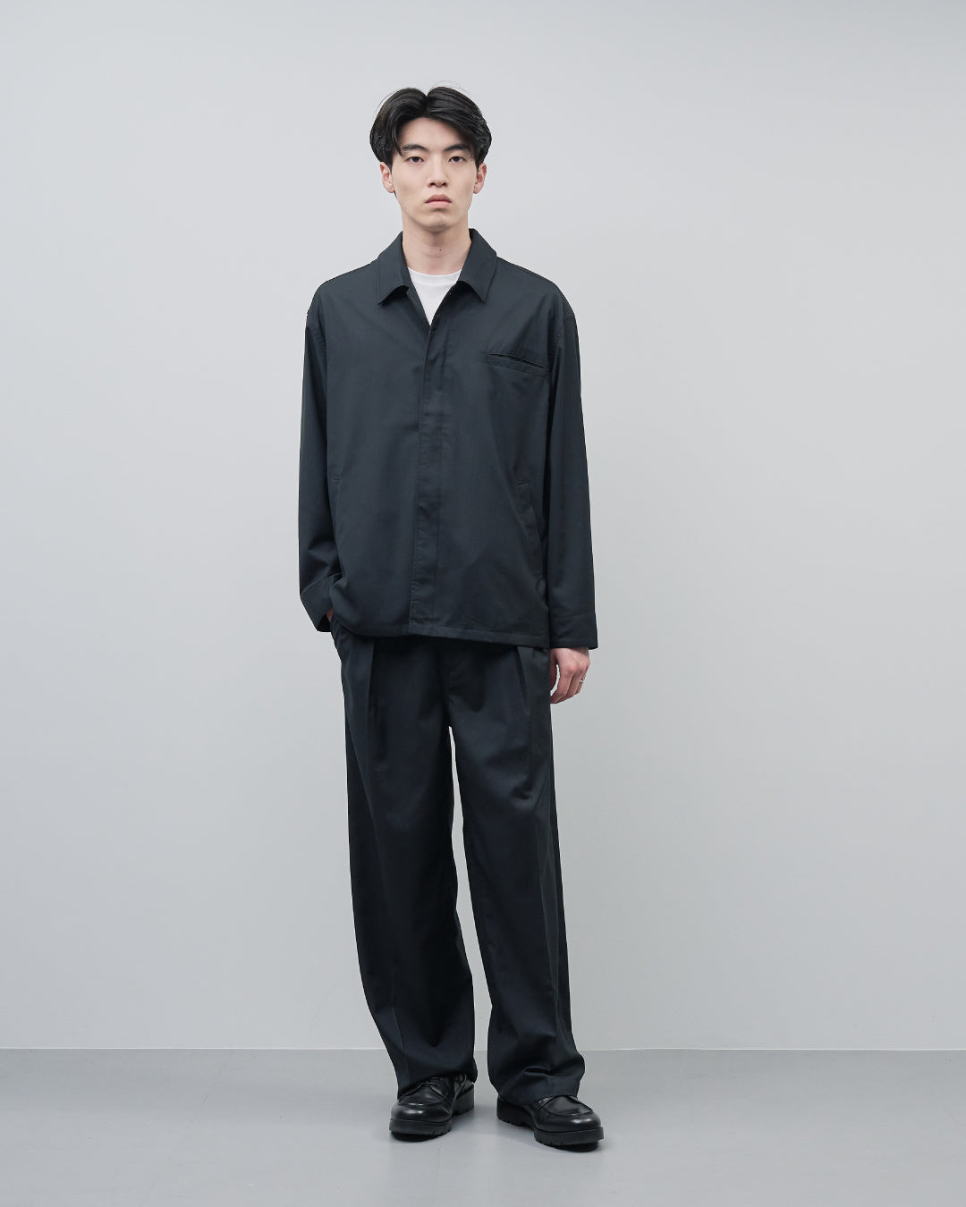 Open Collar Hidden Front Shirt Jacket -black-