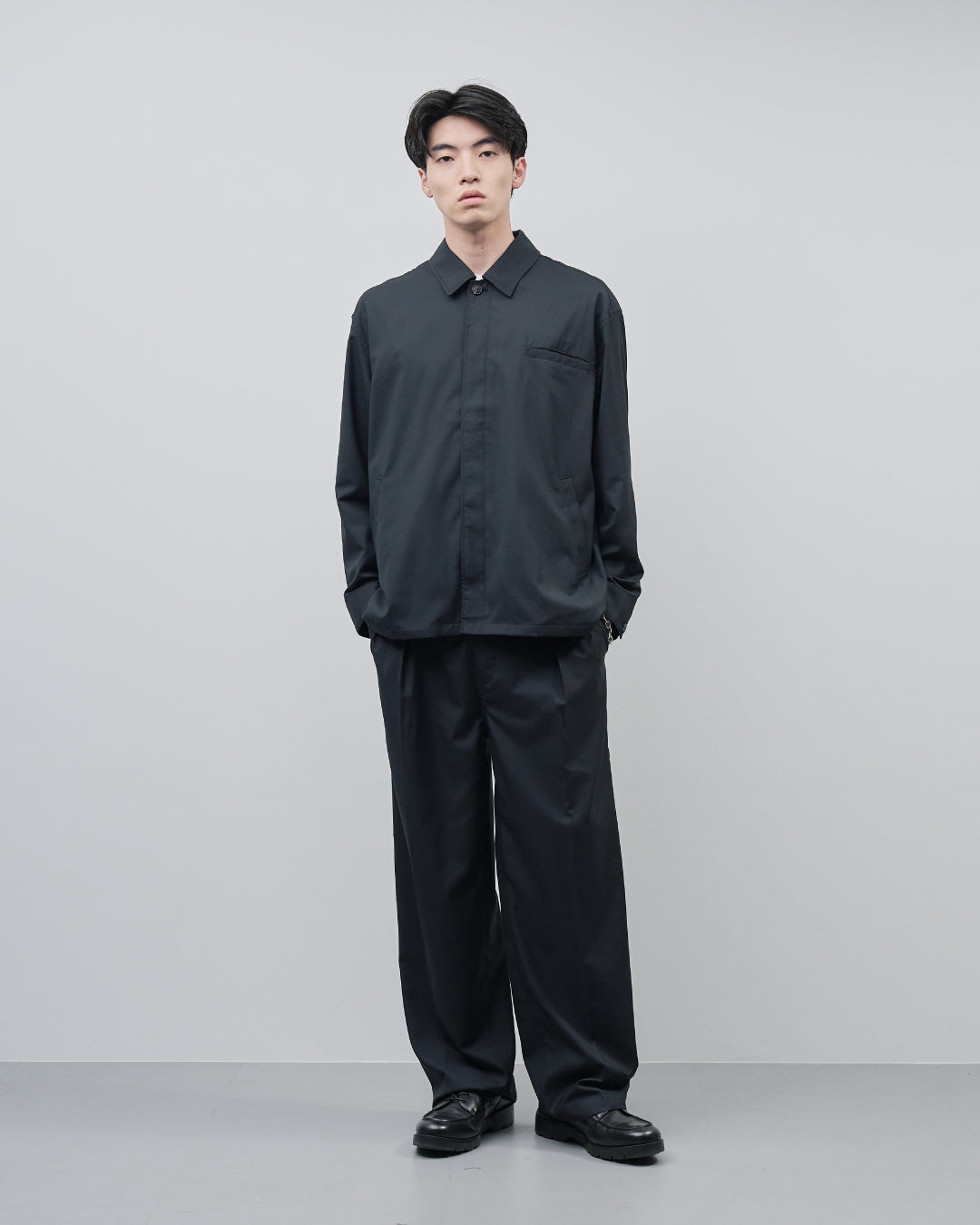 Open Collar Hidden Front Shirt Jacket -black-