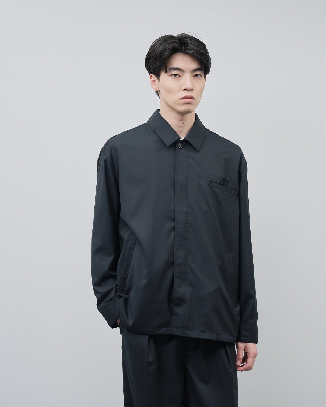 Open Collar Hidden Front Shirt Jacket -black-