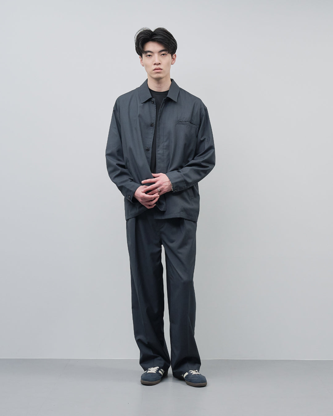 Open Collar Hidden Front Shirt Jacket -dark gray-