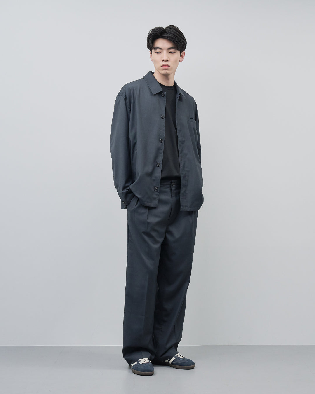 Open Collar Hidden Front Shirt Jacket -dark gray-