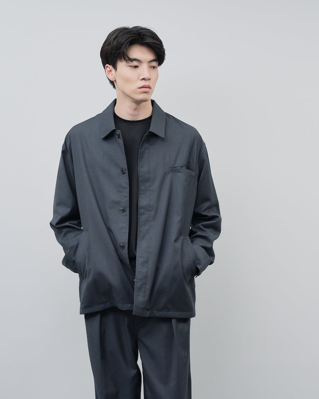 Open Collar Hidden Front Shirt Jacket -dark gray-
