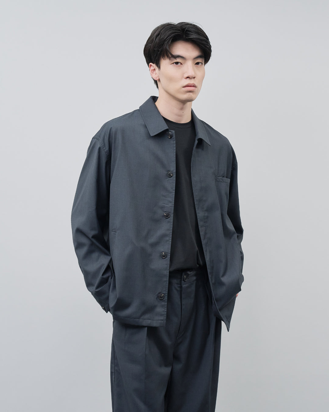 Open Collar Hidden Front Shirt Jacket -dark gray-