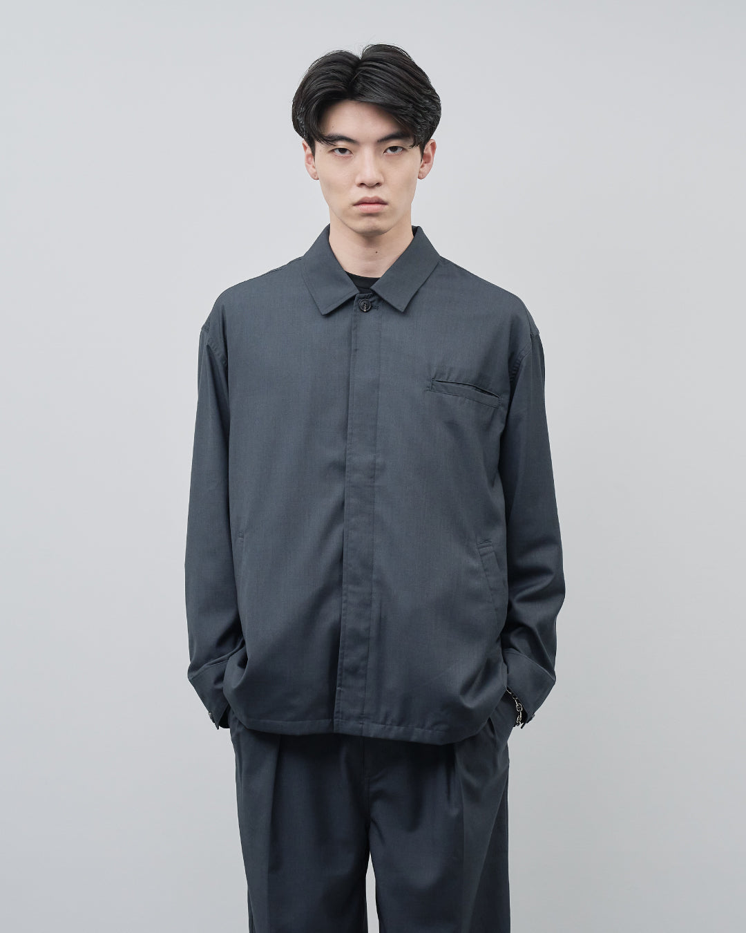 Open Collar Hidden Front Shirt Jacket -dark gray-